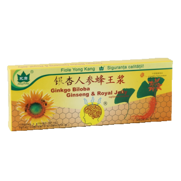 Ginkgo Biloba, Ginseng si Royal Jelly, 10 fiole, Yongkang International