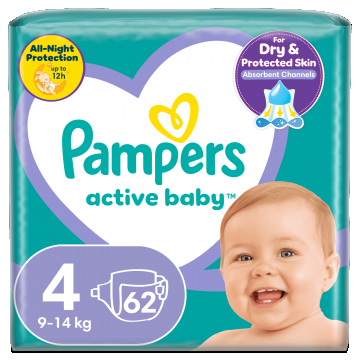 Pampers Active Baby, scutece, mărimea 4, 9-14 kg, 62 buc