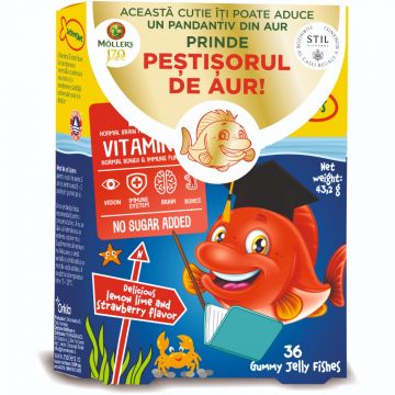 Pestisori gumati cu Omega-3 aroma de lamaie verde si capsuni, 36 jeleuri, Moller's