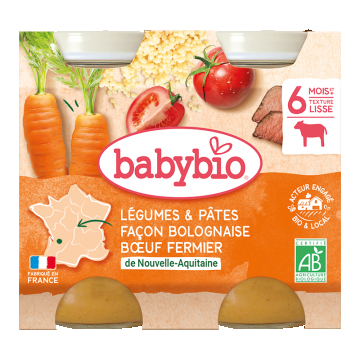 Piure bio de legume si paste in stil Bolognaise +6 luni, 2 x 200g, BabyBio