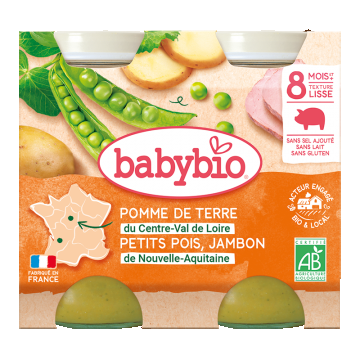 Piure bio din cartofi, mazare si jambon +8 luni, 2 x 200g, BabyBio