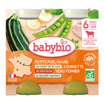 Piure bio din mazare, dovlecel si vitel +6 luni, 2 x 200g, BabyBio
