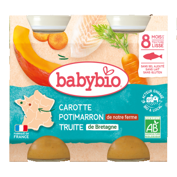 Piure cu pastrav, dovleac si morcov +8 luni Bio, 2 x 200g, BabyBio