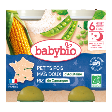 Piure de mazare, porumb dulce si orez Bio, 2 x 200g, BabyBio