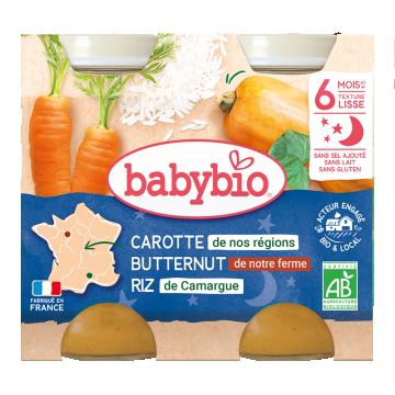 Piure de morcovi, dovleac si orez Bio, 2 x 200g, BabyBio