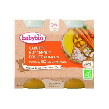 Piure de morcovi, pui si orez Bio, 2 x 200g, BabyBio