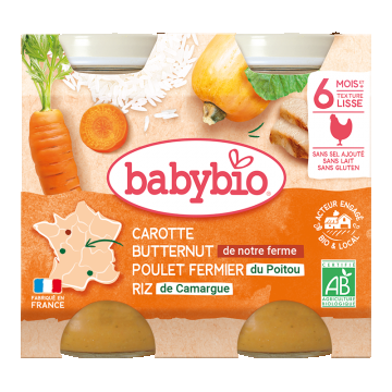 Piure de morcovi, pui si orez Bio, 2 x 200g, BabyBio