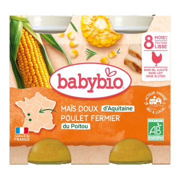 Piure de porumb dulce si pui Bio, 2 x 200g, BabyBio