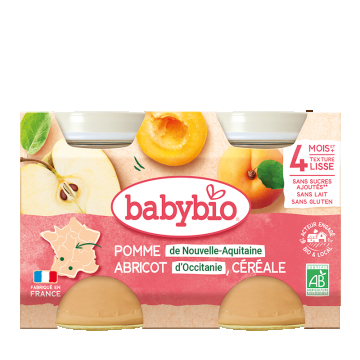 Piure din mere, caise si cereale Bio +4 luni, 2 x 130g, BabyBio