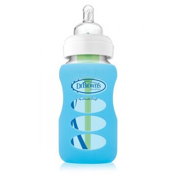 Protectie silicon pentru biberon din sticla cu gat larg albastru, 270ml, Dr. Brown's