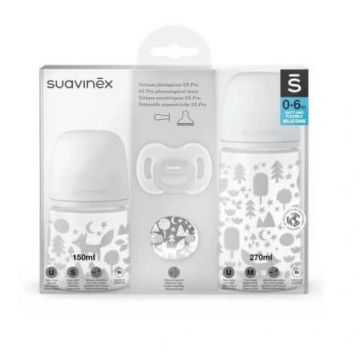 Suavinex, Set Sticlă 150ml + 270ml + Suzetă 0-6m + Clip Fox, gri