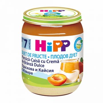 Piure Bio piersica și caise cu crema de branza Fruit-Duets, Gr. 7 luni, 160 g, Hipp