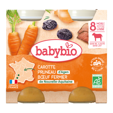 Piure din carne de vacuta, morcovi si prune uscate Bio +8 luni, 2 x 200g, BabyBio
