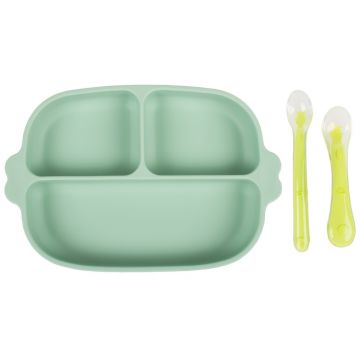 Set farfurie cu ventuza si 2 lingurite din silicon fara BPA verde, 1 bucata, KidsCare