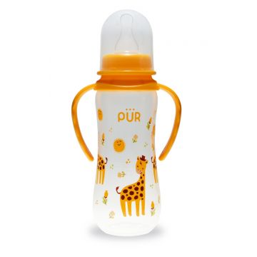 Biberon cu desen si manere galben +6 luni, 250ml, PUR
