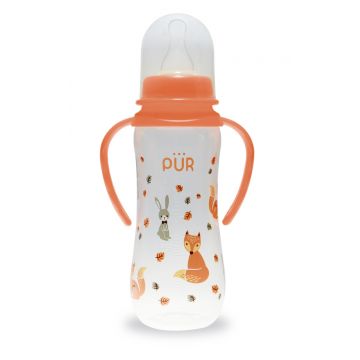 Biberon cu desen si manere piersica +6 luni, 250ml, PUR