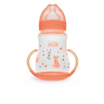 Biberon cu gura larga desen si manere +6luni, 250ml, PUR