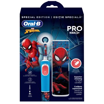 Set Periuta de dinti electrica Pro Kids cu 2 moduri de periaj + Trusa de voiaj Spider Man +3 ani, Oral-B