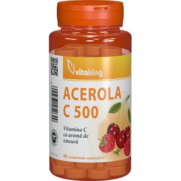 Vitamina C 500mg cu acerola si gust de zmeura, 40 comprimate masticabile, Vitaking