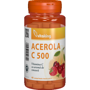 Vitamina C 500mg cu acerola si gust de zmeura, 40 comprimate masticabile, Vitaking