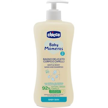 Gel de dus si sampon 2 in 1 fara lacrimi Baby Moments Baby Skin 0 luni +, 500ml, Chicco
