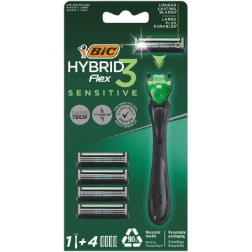 Pachet Aparat de ras Hybrid Flex 3 Sensitive 1 bucata + Rezerve 3 bucati, BIC