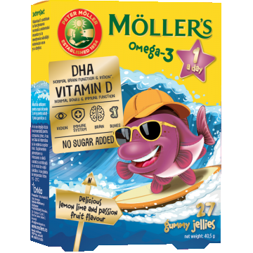 Pestisori gumati Omega 3 cu lemon lime si fructul pasiunii, 27 jeleuri, Moller's