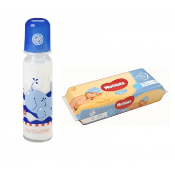 Baby Nova 43705-5 Biberon Sticla 250 ml + Servetele Huggies Pure 56 bucati - Pachet