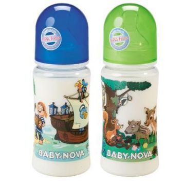 Baby Nova 48002 Biberon plastic decor cu gat larg si tetina de silicon 250 ml
