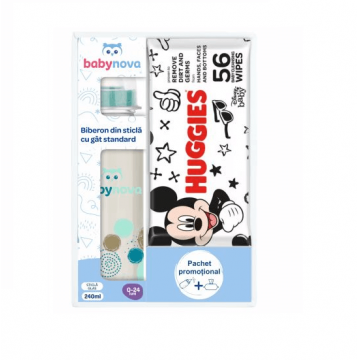 Baby Nova Pachet Biberon din sticla 0-24 luni 240 ml + Servetele umede Huggies Disney 56 bucati
