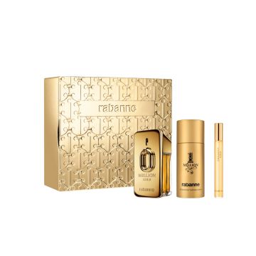 Set cadou Paco Rabanne Million Gold, Barbati, Apa de Parfum Intense, 50 ml + Deodorant spray 150 ml + mini Apa de Parfum, 10 ml
