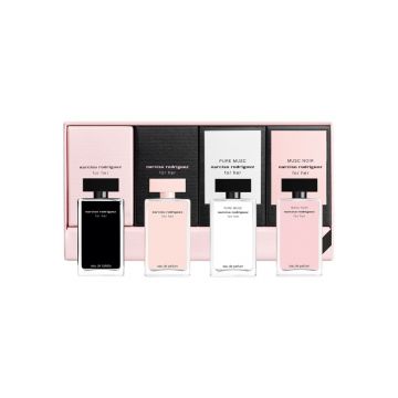 Set Miniaturi Narciso Rodriguez For Her – Eau de Toilette, Eau de Parfum, Pure Musc și Musc Noir Rose, 4×7.5 ml