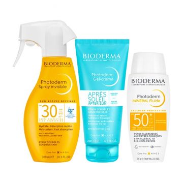 Pachet Bioderma Photoderm – Spray SPF 30 300 ml + Crema after-sun 200 ml + Fluid mineral SPF 50+ 75 g.