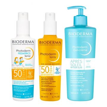Pachet Family Bioderma Photoderm SPF 50+ – Spray copii 200 ml, Spray adulti 200 ml, Gel-crema dupa plaja 500 ml.