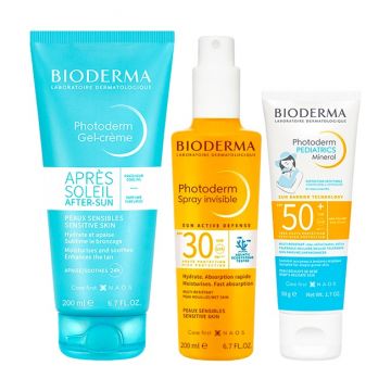 Pachet Family Bioderma Photoderm – Spray SPF 30 200 ml, Crema dupa plaja 200 ml, Crema minerala copii SPF 50+ 50 g