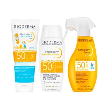 Set Bioderma Photoderm protectie solara SPF 50+ – Lapte pentru copii 200 ml, Fluid mineral 75 g, Spray pentru piele sensibila 300 ml