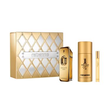 Set cadou Paco Rabanne Million Gold, Apa de Parfum Intense, Barbati, 100 ml + Deodorant spray 150 ml + mini Apa de Parfum, 10 ml