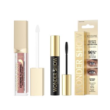 Set Eveline Wonder Show cu Luciu de buze pentru volum 02 Dream Nude si Mascara volum si separare