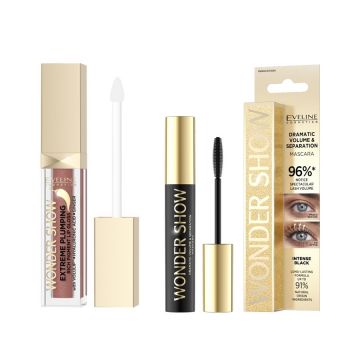 Set Eveline Wonder Show cu Luciu de buze pentru volum 03 English Rose si Mascara volum si separare
