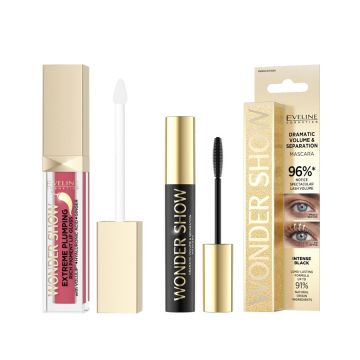 Set Eveline Wonder Show cu Luciu de buze pentru volum 05 Vibrant Red si Mascara volum si separare