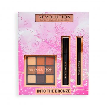 Set Makeup Revolution Into The Bronze Eye, Paleta de fard de pleoape Ultimate Desire 9x0,9 g + Rimel negru de volum și alungire 8 g + Eyeliner Kajal negru 1 g