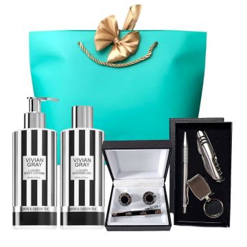 Set Man of Comfort cu gel dus, sapun lichid, butoni si set accesorii pix