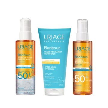 Set Uriage Bariésun cu protectie solara SPF 50+ si ingrijire dupa plaja – Apa solara 200 ml, Ulei uscat 200 ml, Balsam Reparator 150 ml