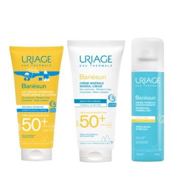 Set Uriage Bariesun Family cu protectie solara SPF 50+ si ingrijire dupa plaja – Lotiune pentru copii 100 ml, Crema minerala 100 ml, Spray dupa soare 150 ml