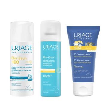 Set Uriage Bariesun Protectie solara SPF 50+/100 pentru adulti si bebelusi – Fluid SPF 50+ 200 ml, Crema minerala bebelusi 50 ml, Spray dupa soare 150 ml