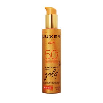 Ulei bronzant Nuxe Sun Gold SPF50 cu particule stralucitoare pentru fata si corp 150 ml