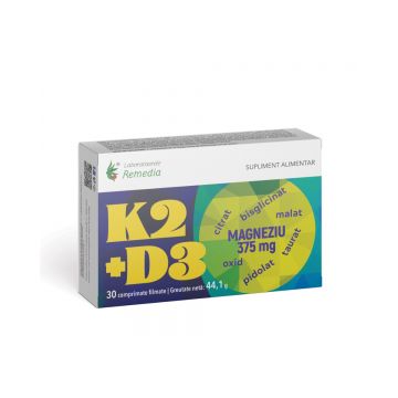 K2 + D3 + Magneziu 375mg, 30 comprimate, Laboratoarele Remedia