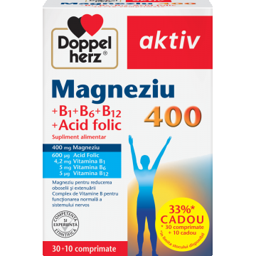 Magneziu 400 + B1 + B6 + B12 + Acid Folic, 30 + 10 comprimate, Doppelherz