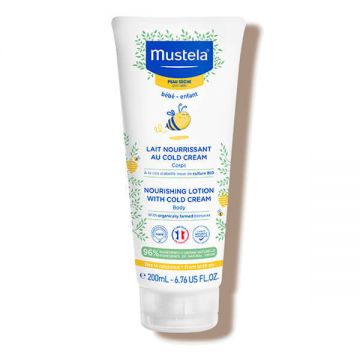 Mustela Bebe Enfant, lapte de corp hrănitor, cu Cold Cream și ceară de albine bio, de la naștere, piele uscată, 200 ml