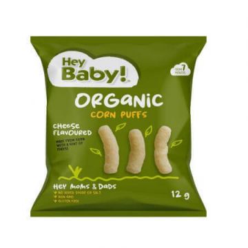Pufuleti Bio din porumb cu aroma de branza Organic Puff, 7 luni+, 12 g, Hey Baby